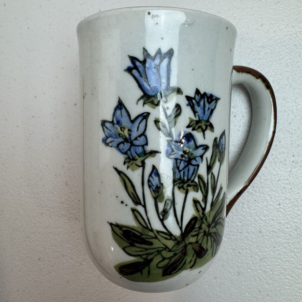 Vtg Speckled Stoneware Blue Bells Floral Ceramic Coffee Tea Mug Rustic